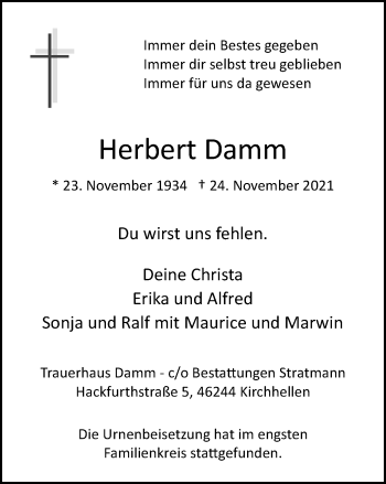 Traueranzeige von Herbert Damm von WVW Anzeigenblätter
