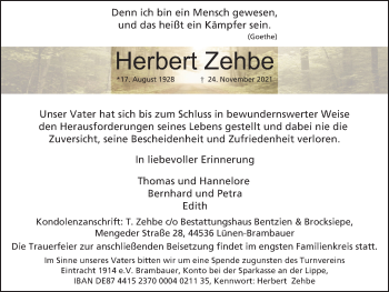 Traueranzeige von Herbert Zehbe von WVW Anzeigenblätter