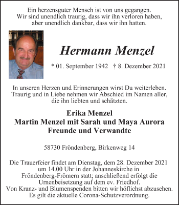 Traueranzeige von Hermann Menzel von WVW Anzeigenblätter