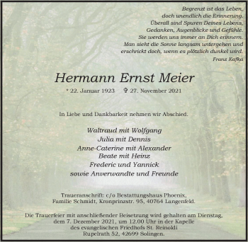 Traueranzeige von Hermann Ernst Meier von WVW Anzeigenblätter