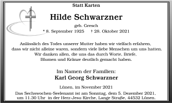 Traueranzeige von Hilde Schwarzner von WVW Anzeigenblätter