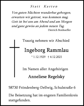 Traueranzeige von Ingeborg Rammlau von WVW Anzeigenblätter