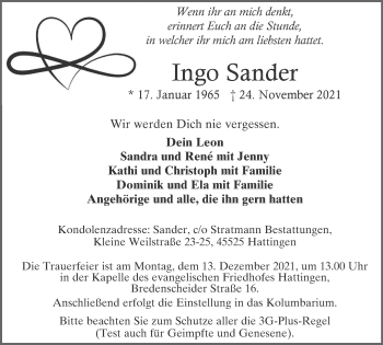 Traueranzeige von Ingo Sander von WVW Anzeigenblätter