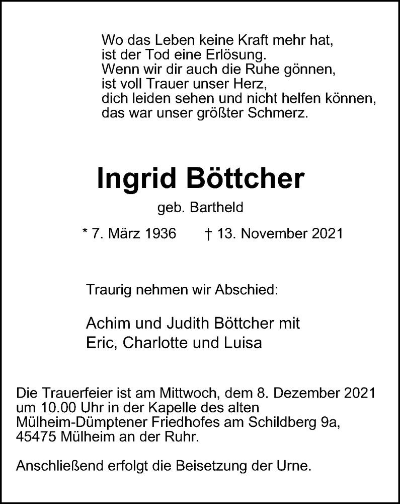 Traueranzeigen von Ingrid Böttcher TrauerinNRW.de