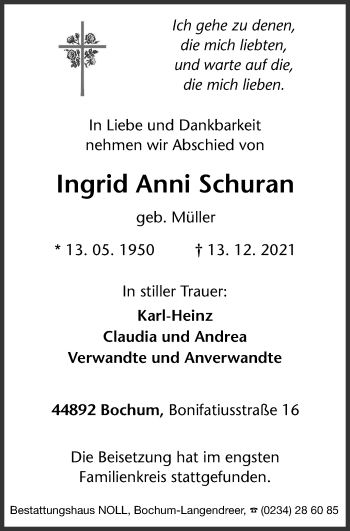 Traueranzeige von Ingrid Anni Ingrid Anni von WVW Anzeigenblätter