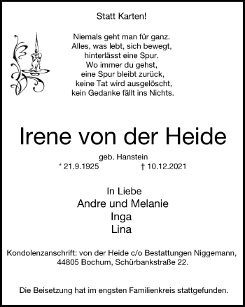 Traueranzeige von Irene von der Heide von WVW Anzeigenblätter