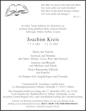 Traueranzeige von Joachim Kreis von WVW Anzeigenblätter