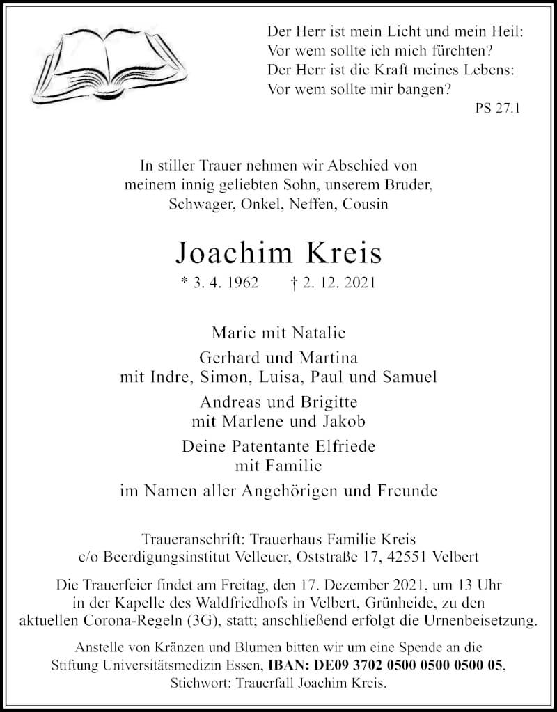  Traueranzeige für Joachim Kreis vom 11.12.2021 aus WVW Anzeigenblätter