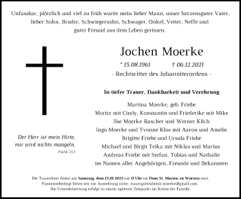 Traueranzeige von Jochen Moerke von WVW Anzeigenblätter