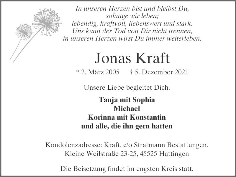  Traueranzeige für Jonas Kraft vom 11.12.2021 aus WVW Anzeigenblätter