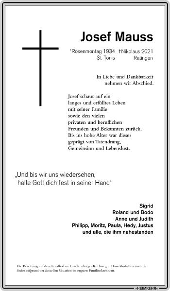 Traueranzeige von Josef Mauss von WVW Anzeigenblätter