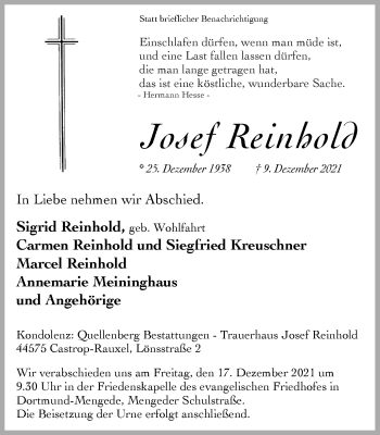 Traueranzeige von Josef Reinhold von WVW Anzeigenblätter