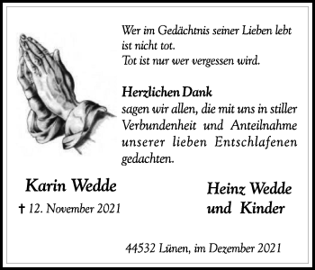 Traueranzeige von Karin Wedde von WVW Anzeigenblätter