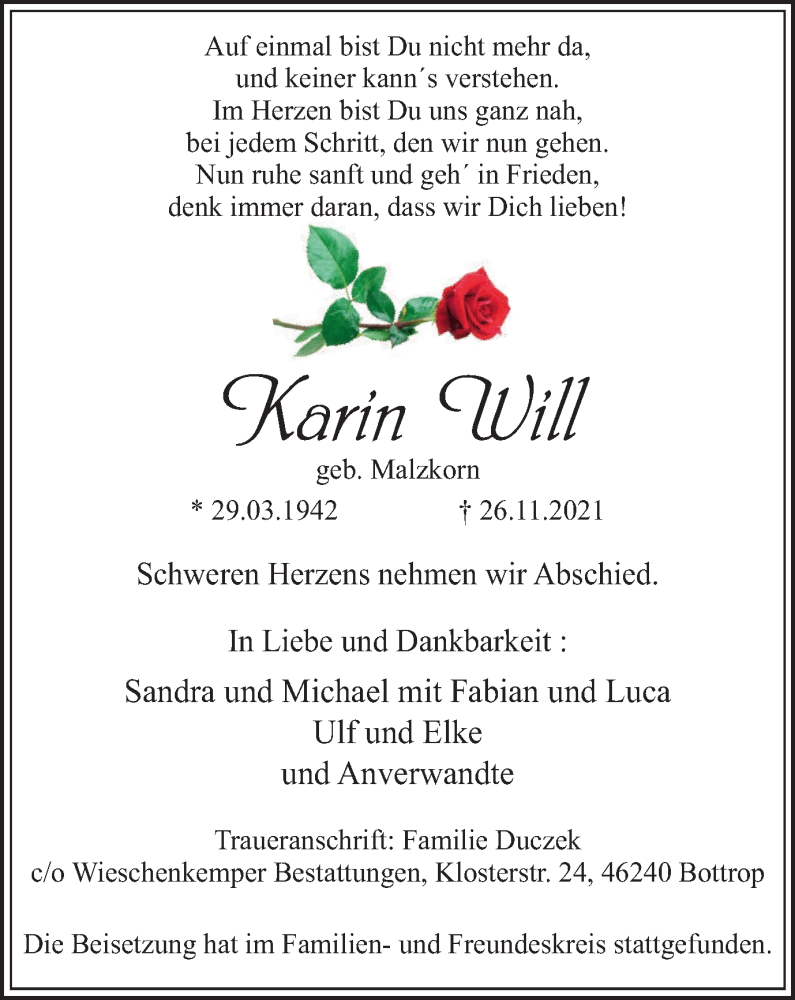  Traueranzeige für Karin Will vom 04.12.2021 aus WVW Anzeigenblätter
