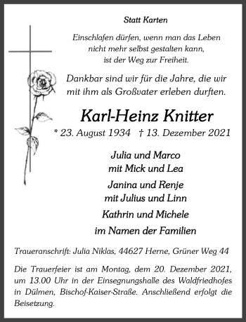Traueranzeige von Karl-Heinz Knitter von WVW Anzeigenblätter