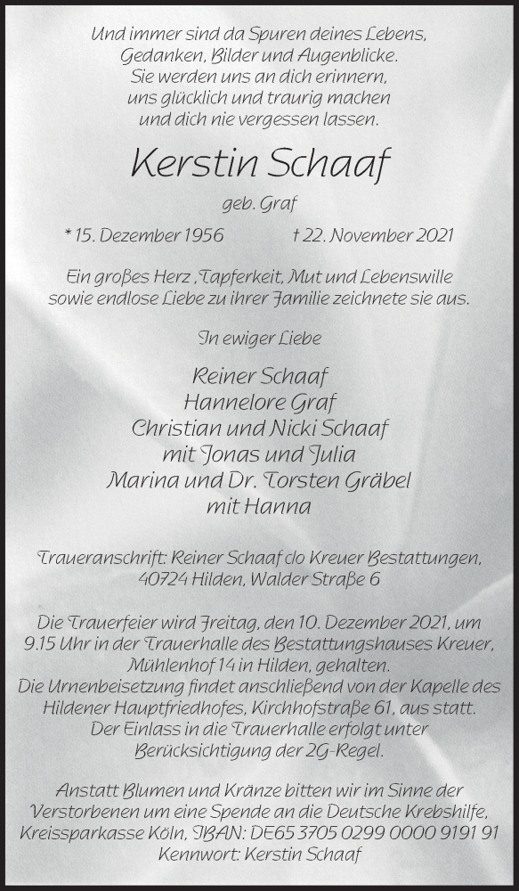  Traueranzeige für Kerstin Schaaf vom 04.12.2021 aus WVW Anzeigenblätter