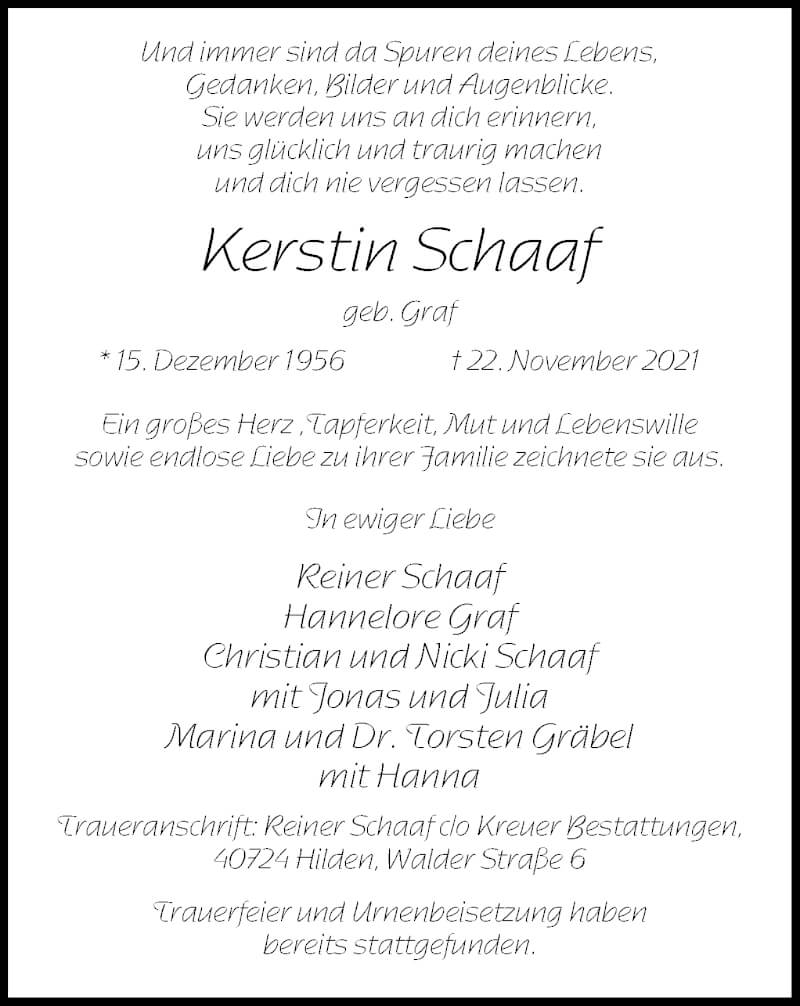  Traueranzeige für Kerstin Schaaf vom 11.12.2021 aus WVW Anzeigenblätter