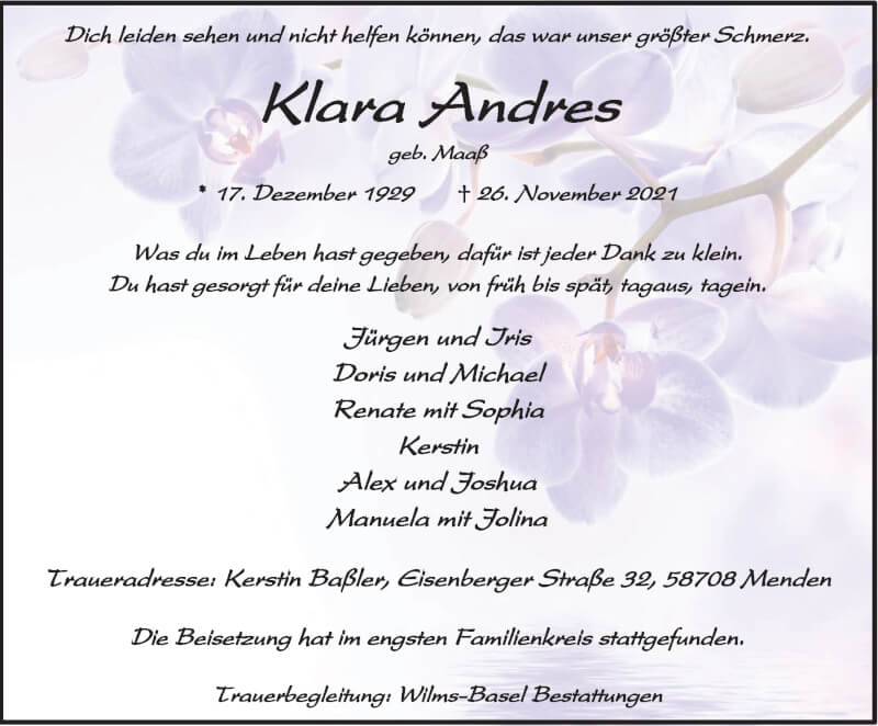 Traueranzeige für Klara Andres vom 11.12.2021 aus WVW Anzeigenblätter