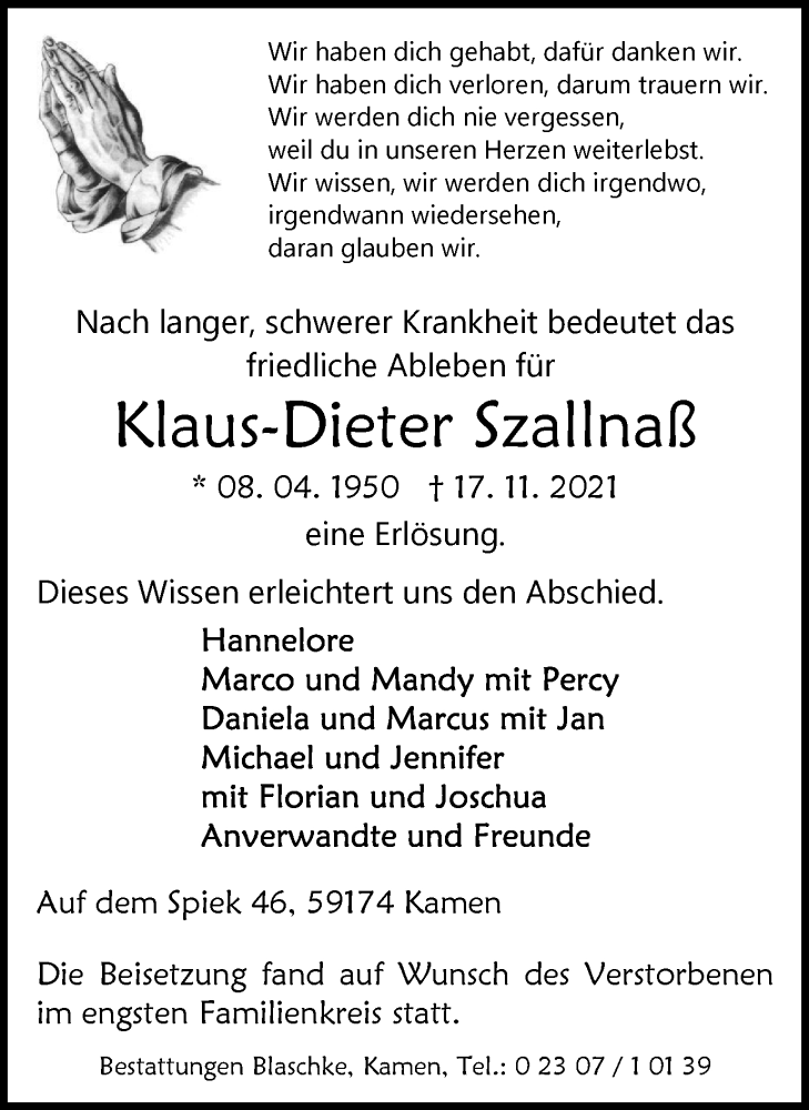  Traueranzeige für Klaus-Dieter Szallnaß vom 08.12.2021 aus WVW Anzeigenblätter