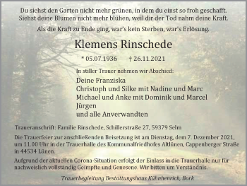 Traueranzeige von Klemens Rinschede von WVW Anzeigenblätter