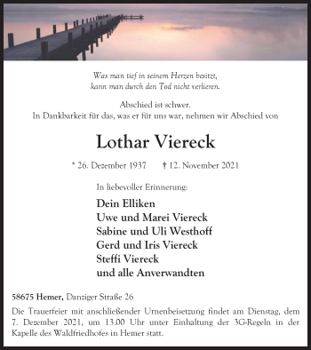 Traueranzeige von Lothar Viereck von WVW Anzeigenblätter