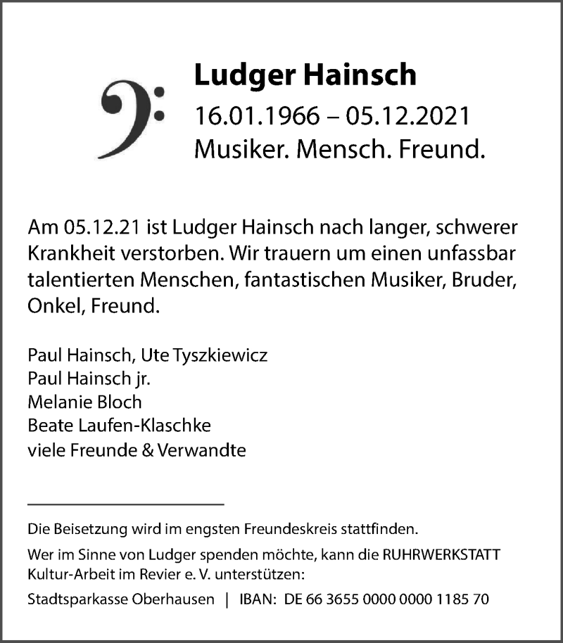  Traueranzeige für Ludger Hainsch vom 18.12.2021 aus WVW Anzeigenblätter