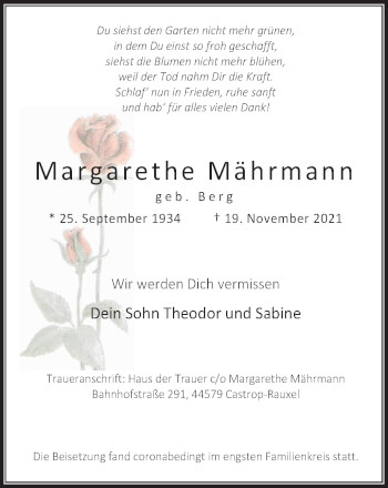 Traueranzeige von Margarethe Mährmann von WVW Anzeigenblätter
