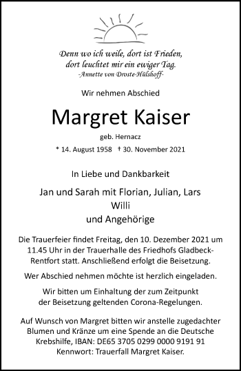 Traueranzeige von Margret Kaiser von WVW Anzeigenblätter