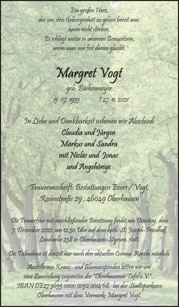 Traueranzeige von Margret Vogt von WVW Anzeigenblätter