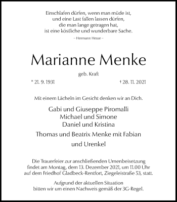 Traueranzeige von Marianne Menke von WVW Anzeigenblätter