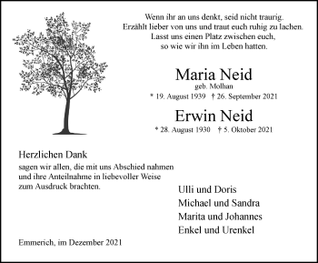 Traueranzeige von Maria und Erwin Neid von WVW Anzeigenblätter