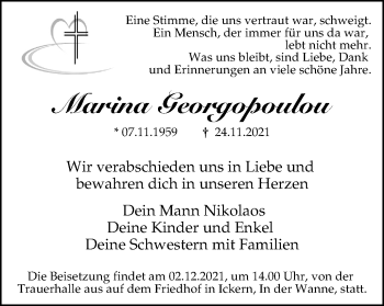 Traueranzeige von Marina Georgopoulou von WVW Anzeigenblätter