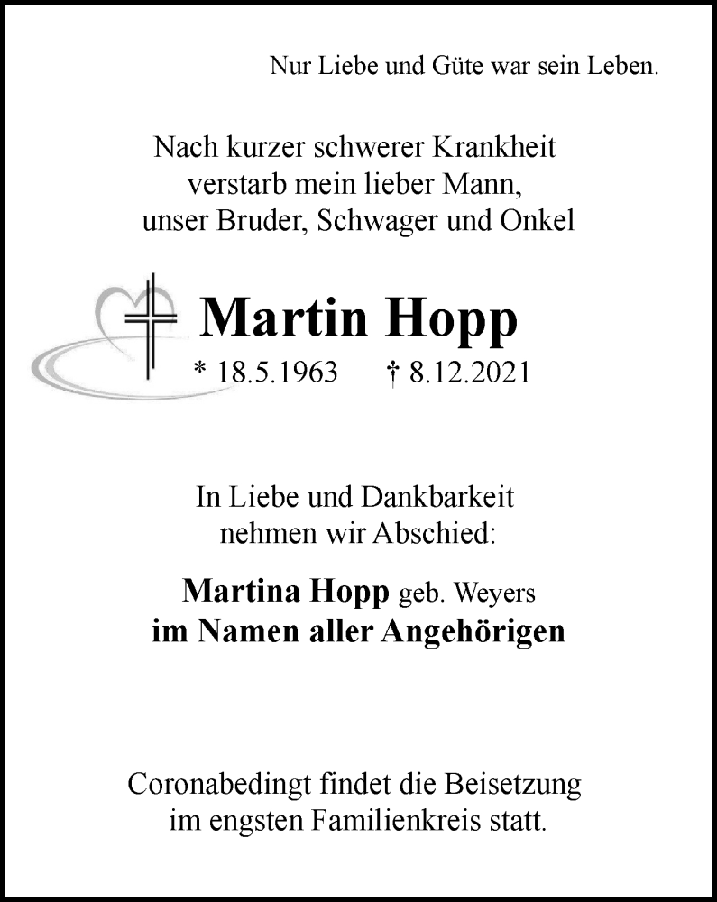  Traueranzeige für Martin Hopp vom 15.12.2021 aus WVW Anzeigenblätter
