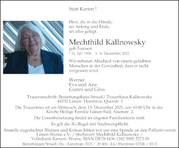 Traueranzeige von Mechthild Kallnowsky von WVW Anzeigenblätter