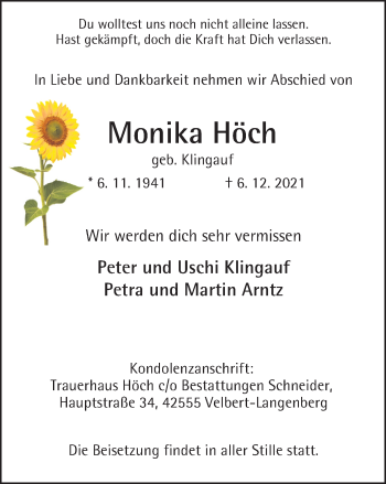 Traueranzeige von Monika Höch von WVW Anzeigenblätter