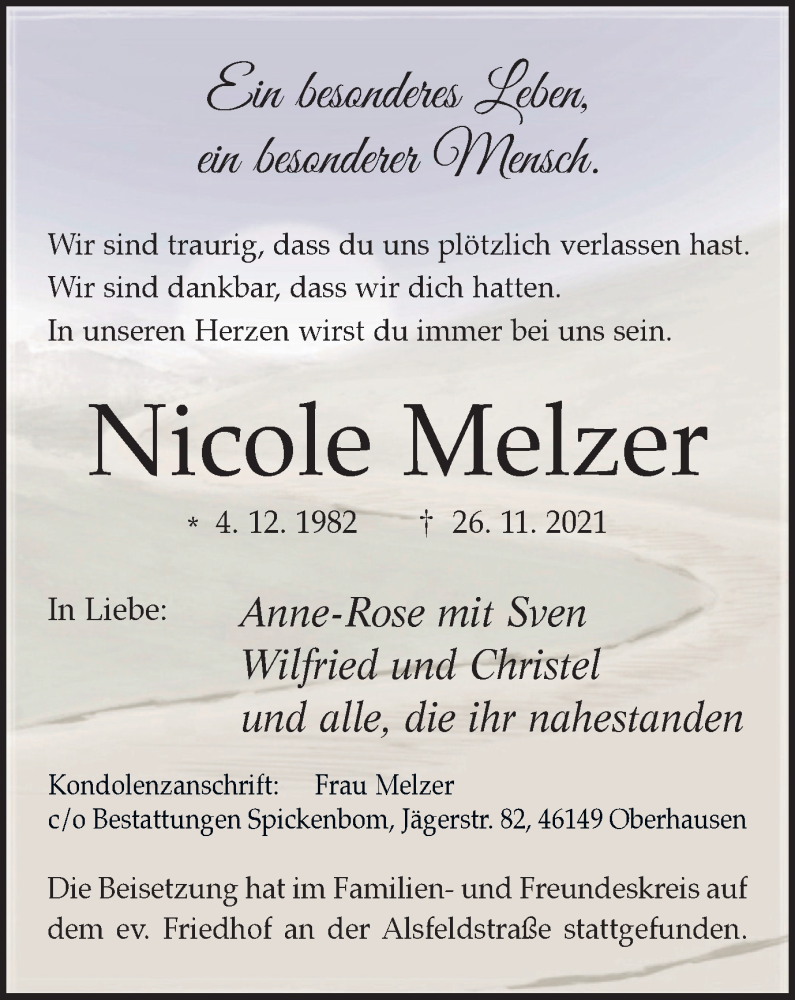  Traueranzeige für Nicole Melzer vom 04.12.2021 aus WVW Anzeigenblätter
