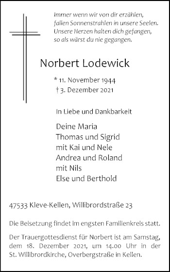 Traueranzeige von Norbert Lodewick von WVW Anzeigenblätter