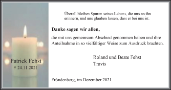 Traueranzeige von Patrick Fehst von WVW Anzeigenblätter
