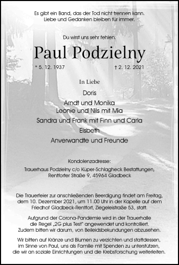 Traueranzeige von Paul Podzielny von WVW Anzeigenblätter