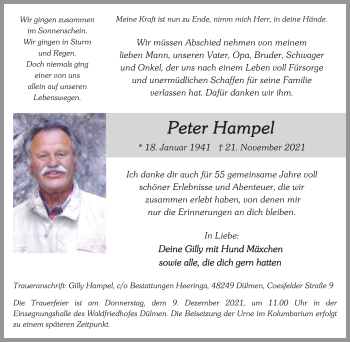 Traueranzeige von Peter Hampel von WVW Anzeigenblätter