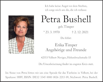 Traueranzeige von Petra Bushell von WVW Anzeigenblätter