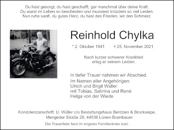 Traueranzeige von Reinhold Chylka von WVW Anzeigenblätter