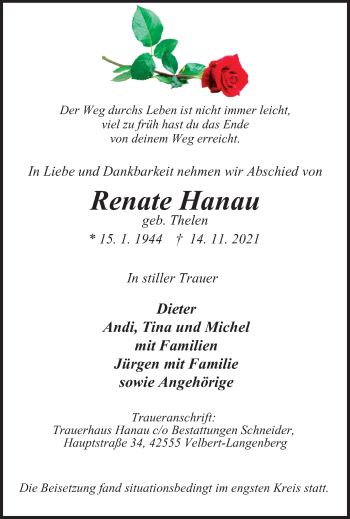 Traueranzeige von Renate Hanau von WVW Anzeigenblätter