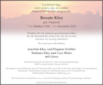 Traueranzeige von Renate Kley von WVW Anzeigenblätter