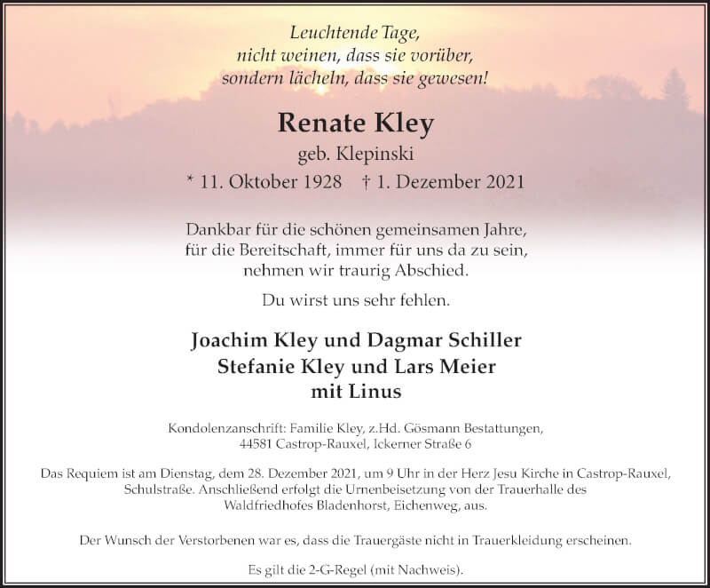  Traueranzeige für Renate Kley vom 11.12.2021 aus WVW Anzeigenblätter