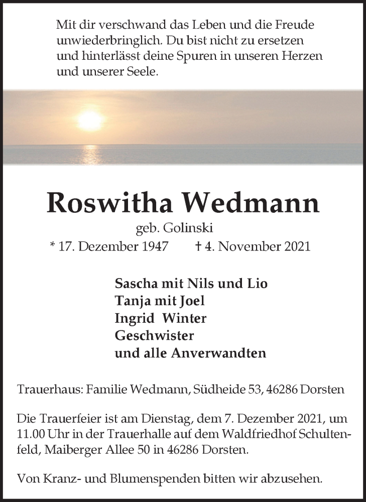  Traueranzeige für Roswitha Wedmann vom 01.12.2021 aus WVW Anzeigenblätter