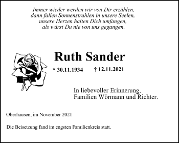 Traueranzeige von Ruth Sander von WVW Anzeigenblätter
