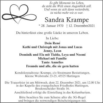 Traueranzeige von Sandra Krampe von WVW Anzeigenblätter