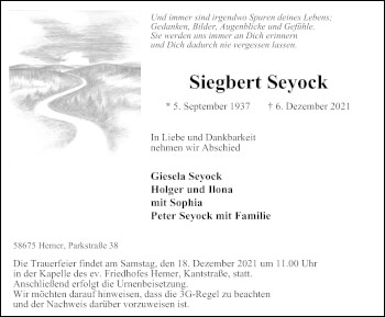 Traueranzeige von Siegbert Seyock von WVW Anzeigenblätter