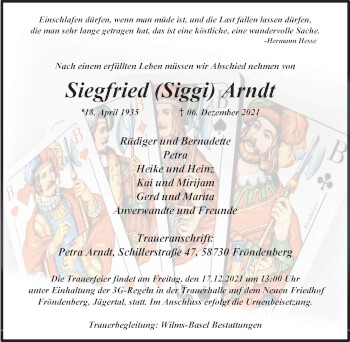 Traueranzeige von Siegfried Arndt von WVW Anzeigenblätter